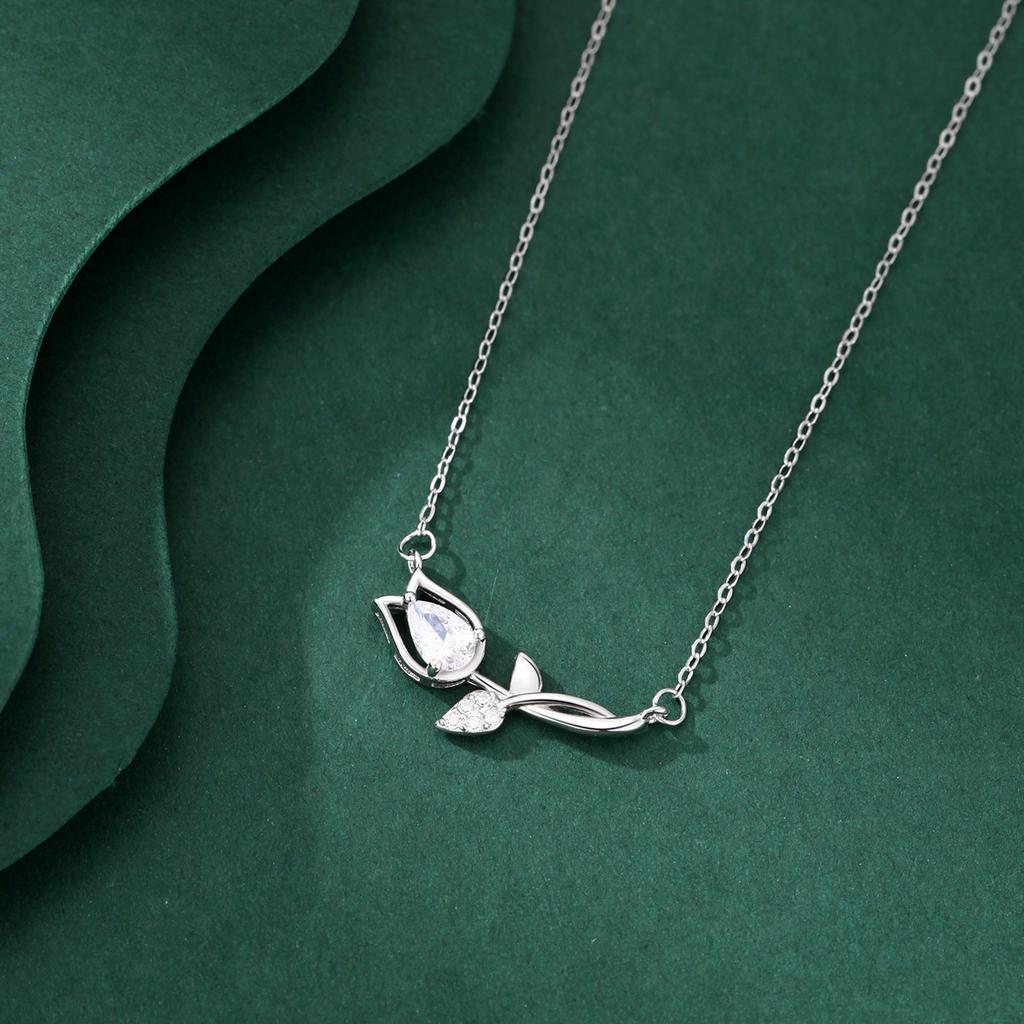 S925 Sterling Silver Tulip Flower Zircon Pendant Necklace for Women | Vintage Style Flower Clavicle Chain Jewelry Gift