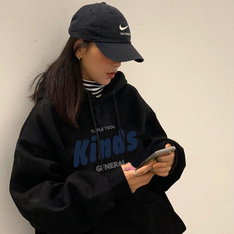 Женская толстовка с капюшоном в корейском стиле новая свободная куртка с длинными рукавами на осень и зиму из утолщенного бархата для студентов M чёрный 1759₽