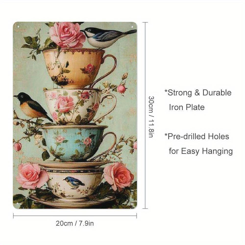

Vintage Floral Tea Cup Metal Tin Sign – Rustic Wall Art with Pink Roses & Bluebirds, Iron Plaque for Home, Cafe, Library Decor 20x30cm（7.8x11.8inch）