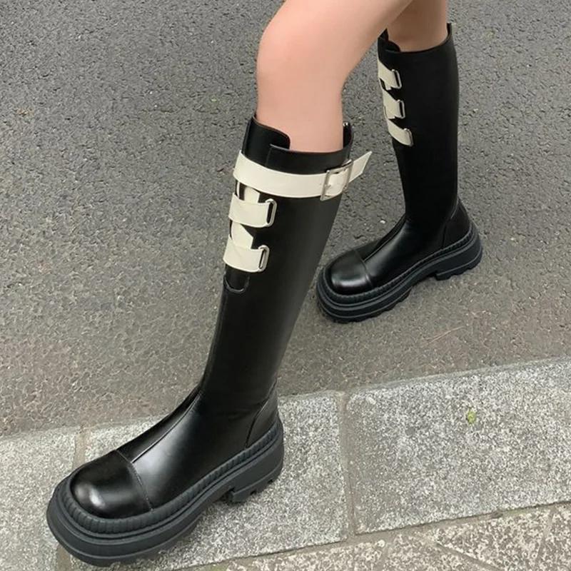 Platform Women Shoes Chelsea High Boots Fashion Punk Leather Motorcycle Boots Winter 2025 New Non Slip Chunky Goth Botas Mujer