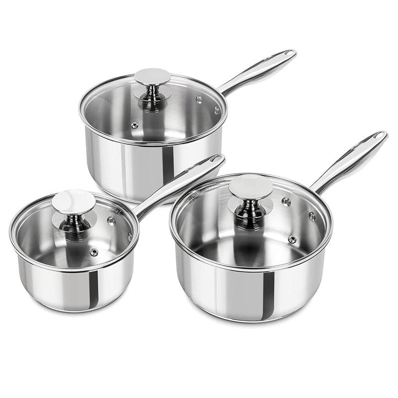 MICHELANGELO 3Pcs Stainless Steel Stew Pot with Lid Steel Handle Sauce Pot Induction Stew Pot Flat Pan Set Stove Compatible