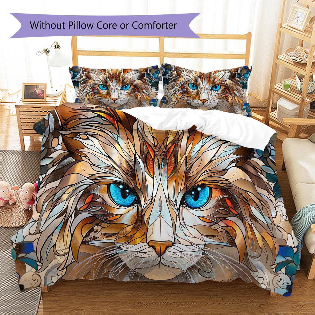 Orange Cat Pattern Bedding Quilt Set Quilt Cover Pillowcase Home Decoration Gift (1 * Duvet Cover + 2 * Pillowcase, Without Core)
