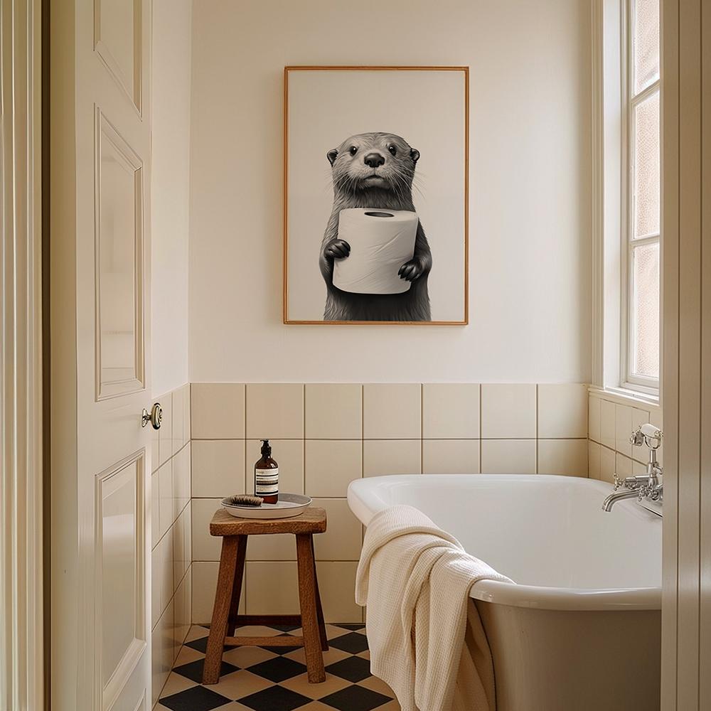 Cute Animals Toilet Paper Living Room Wall Art Poster Black and White Otter Canvas Painting Print Funny Bathroom Home Decoration