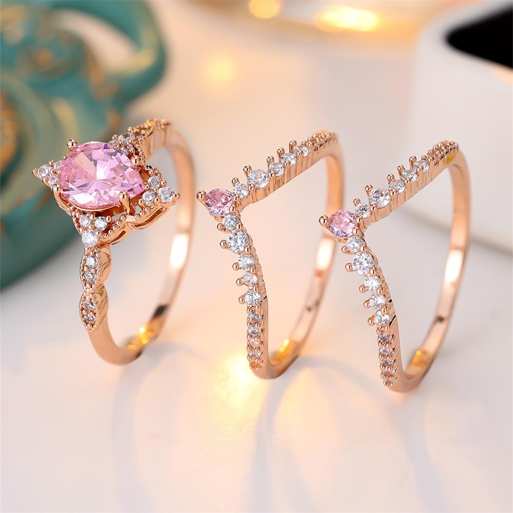 s Pink Zircon Water Drop Stone Rings Sets For Women Vintage Gold Color Engagement Bands Wedding Jewelry Set Versatile Gifts