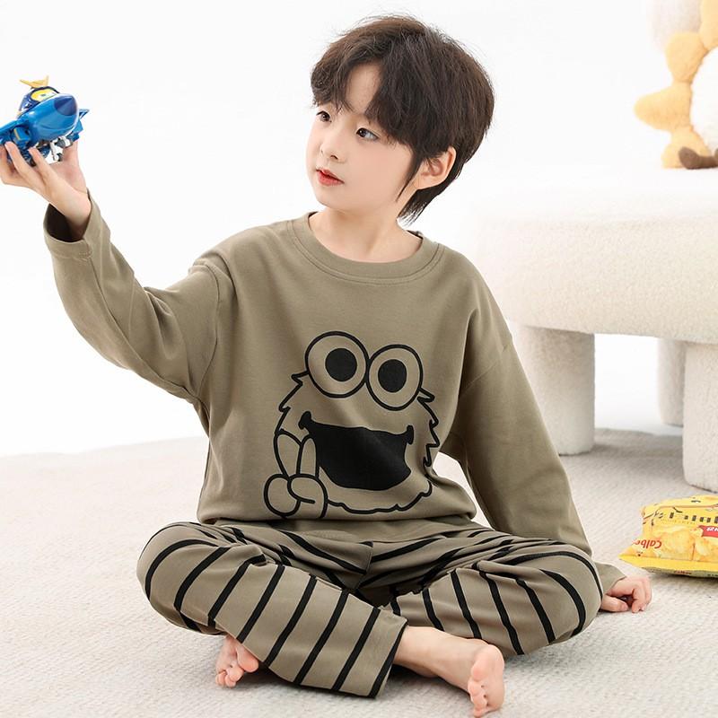 Boys Cotton Pajama Set Long Sleeve Cartoon Print Sleepwear Kids Teens Home Wear