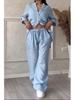 Casual Cotton Linen Solid Color Shirt & Drawstring Wide Leg Pants Set