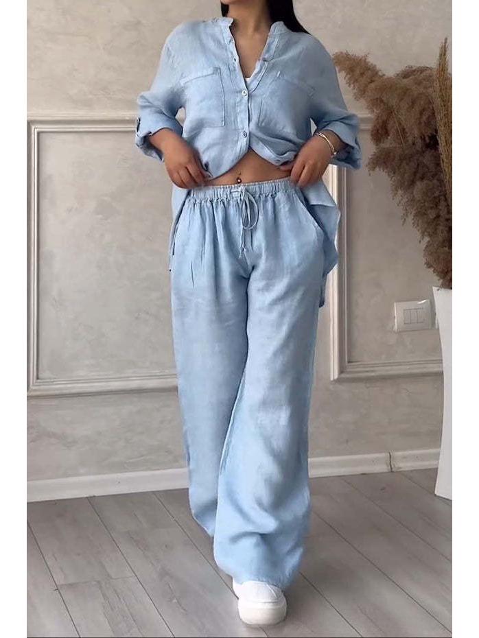 Casual Cotton Linen Solid Color Shirt & Drawstring Wide Leg Pants Set