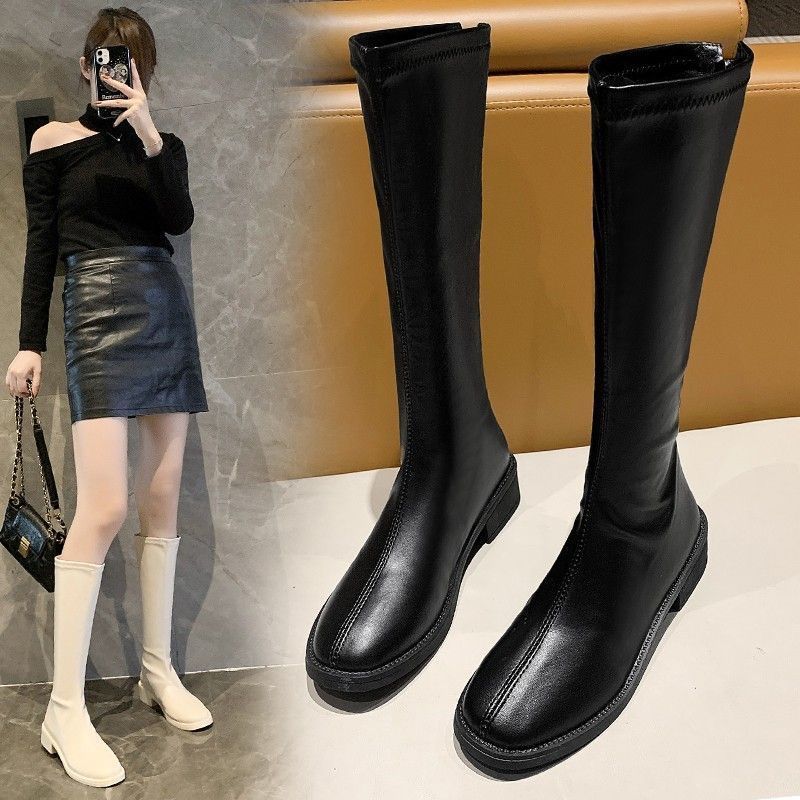 But knee boots thin boots flat elastic boots Internet celebrity square head high boots women 2025 autumn and winter new