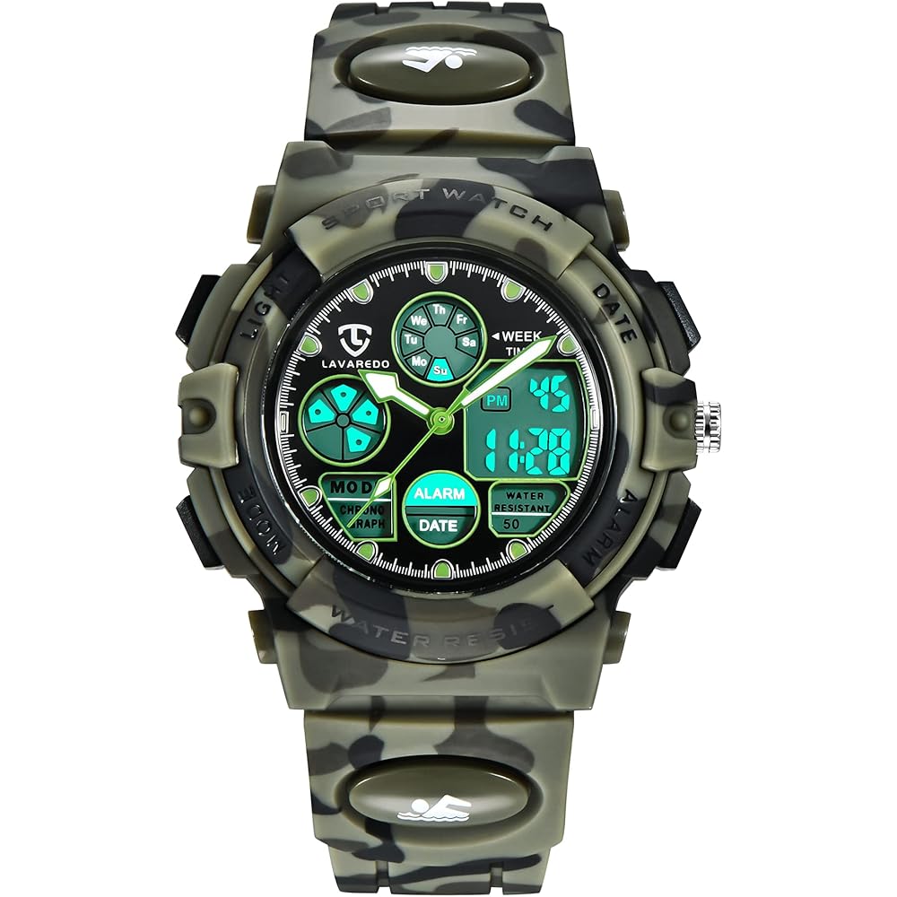 Kids  Sports Watch Camouflage Green Multi-Function Waterproof Dual Time LED Analog Display