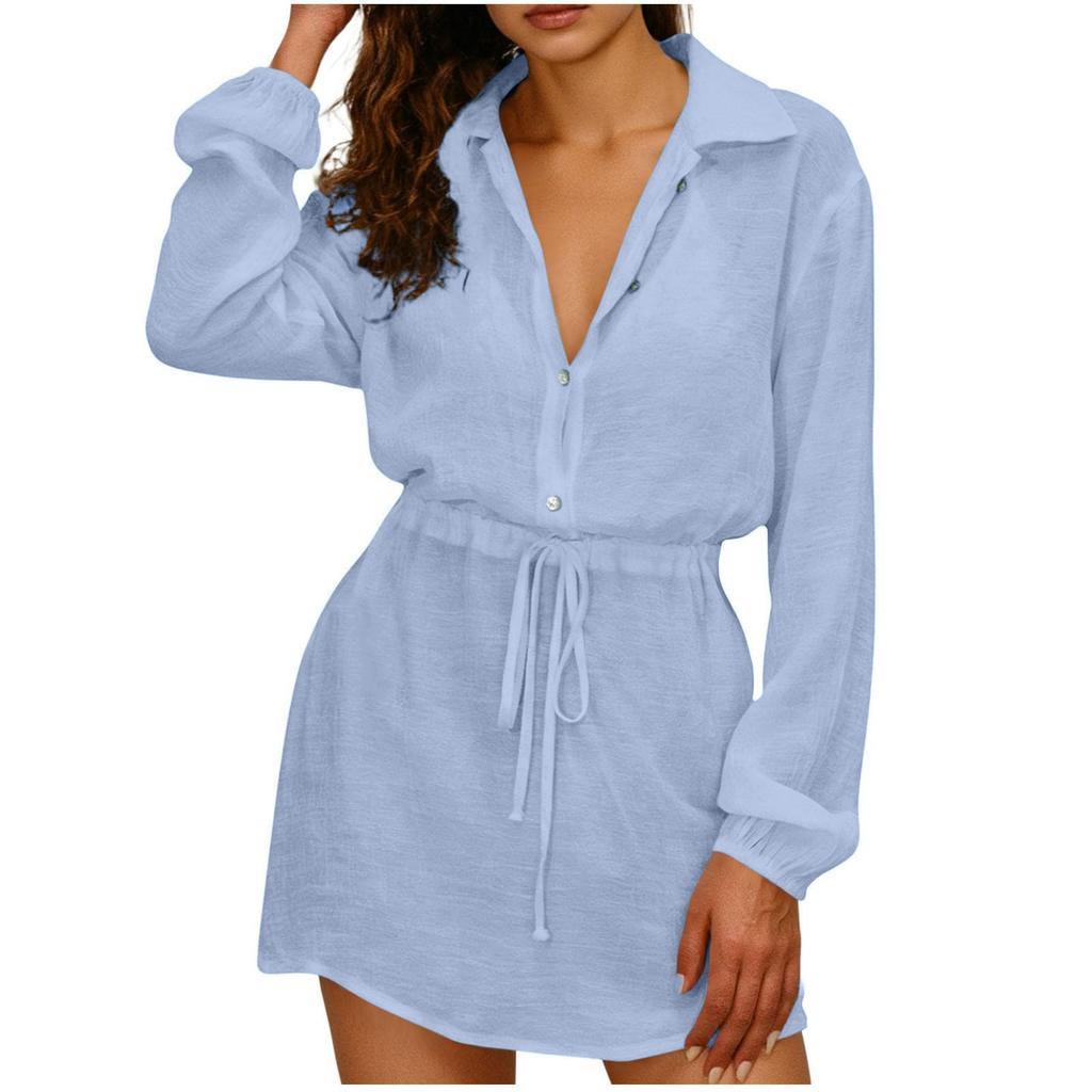 Women's Fashionable Oversized Tunic Long-Sleeve Waist-Defining Shirt Casual Dress