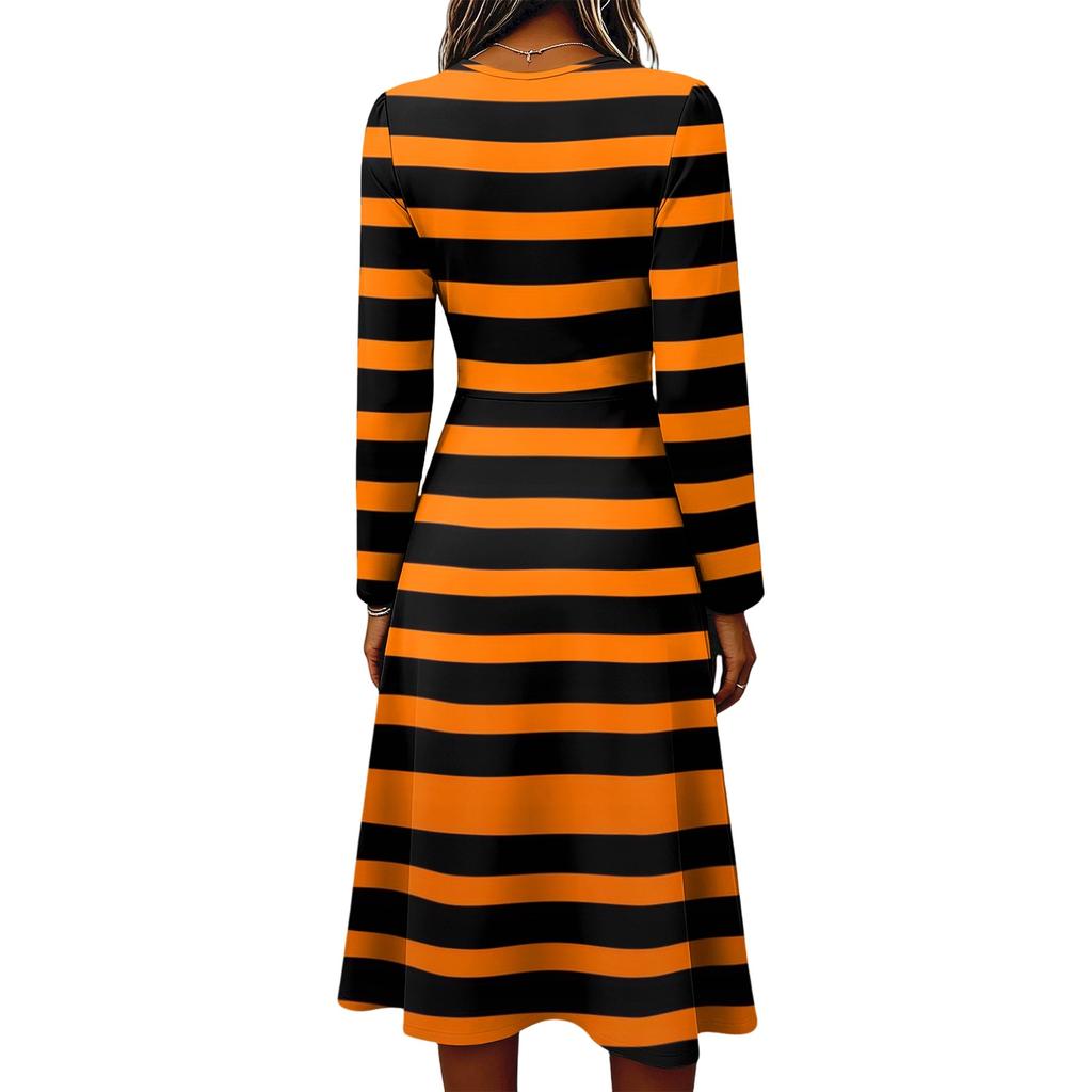 Women's Halloween Printed V-Neck Long Sleeve Dress with Pockets