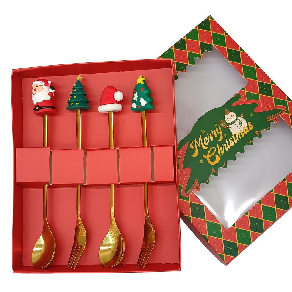 Xmas Tree Dessert Spoon Set Stainless Steel Holiday Coffee Spoon Fruit Fork Mini Cutlery Gift Christmas Present Party Favor