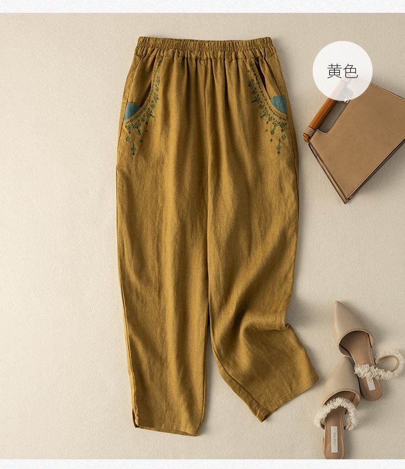 

Летние брюки из хлопка и конопли с вышивкой, эластичный пояс, брюки-харен с карманом, свободные повседневные брюки 4XL