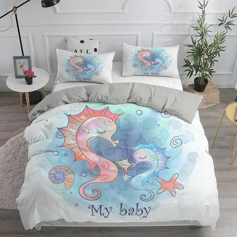 Ocean Animal Duvet Cover Set Coral Marine Life Home Textile Sea Urchin Soft Quilt Cover Cute Seahorse King Size Bedding