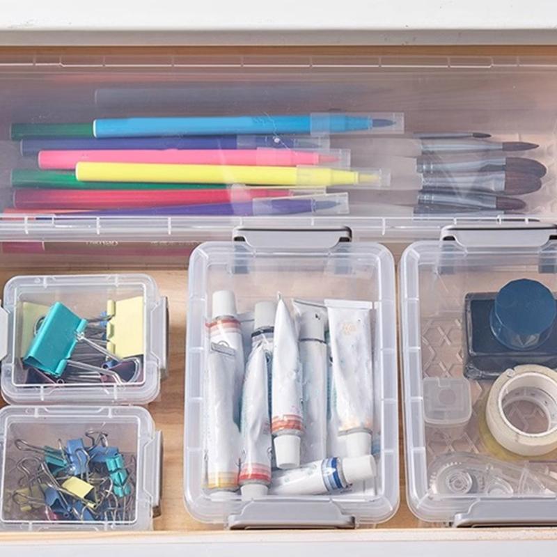 Stackable Storage Box Clear Desktop Organizer Plastic Storage Bins with Lids Office Supplies for Toys Snacks