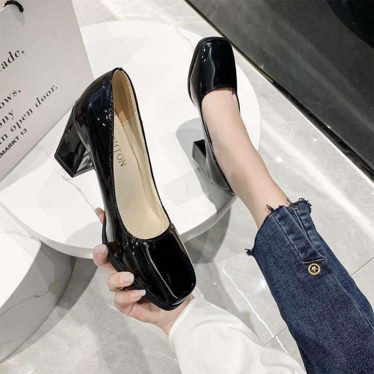 Women's Leather Shoes High Heels Elegant Thick Heel Square Toe Slip-on Shoes