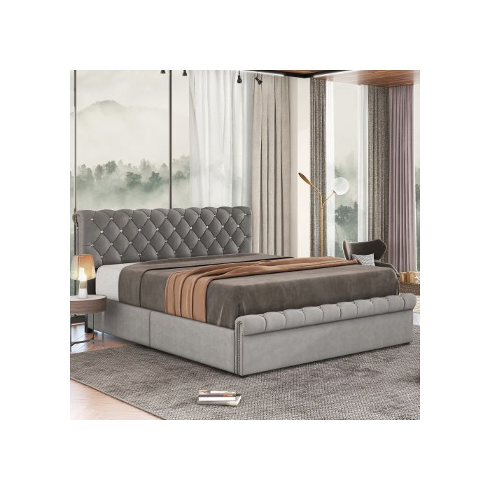 Funktionelles Bett - MUVOE - Euro - Verstellbares Kopfteil - Kristall-Dekoration - 140 x 200 cm - Grau