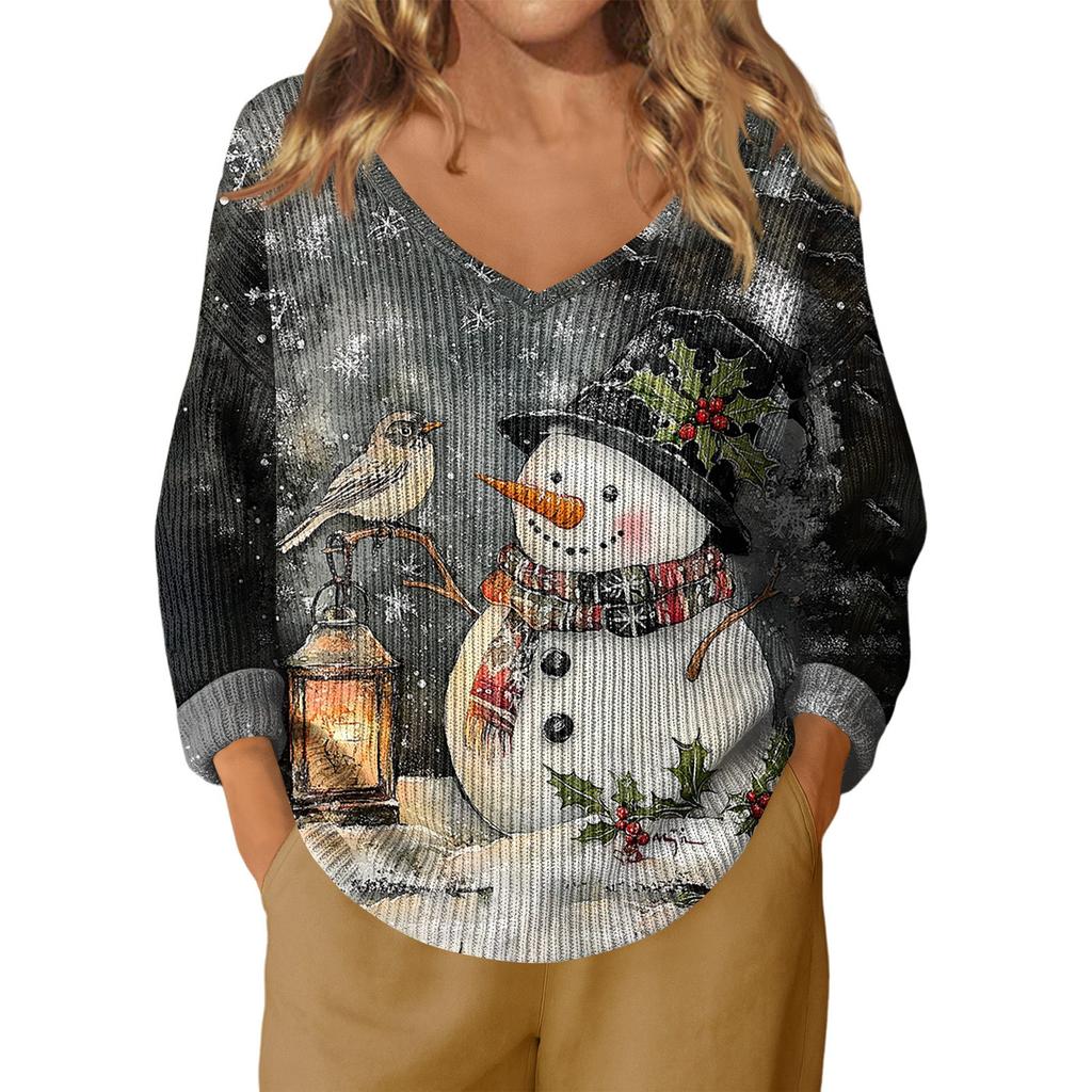 Women's Fashion Casual Long Sleeve Christmas Snowman Print V-Neck Top