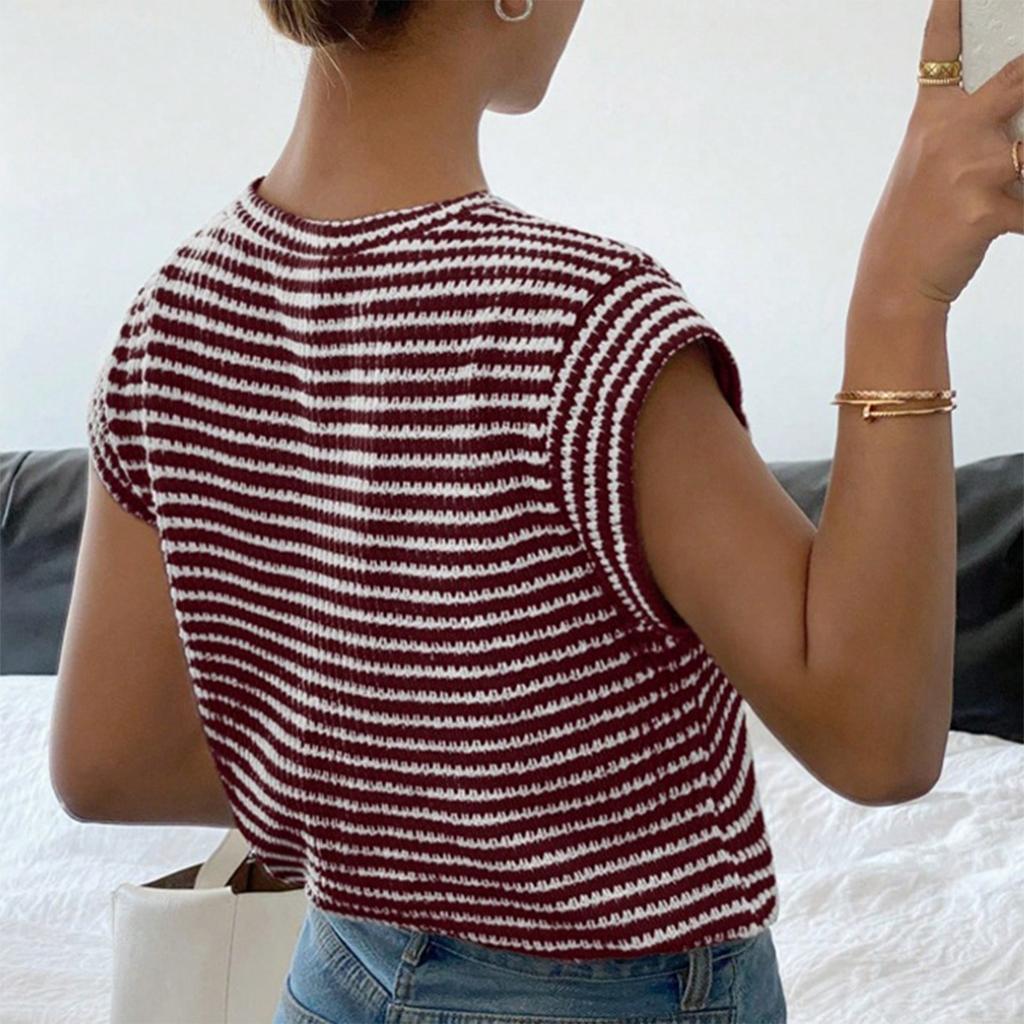 Women's Fashion Striped Round Neck Knitted Short Sleeved Pullover T-shirt Top
