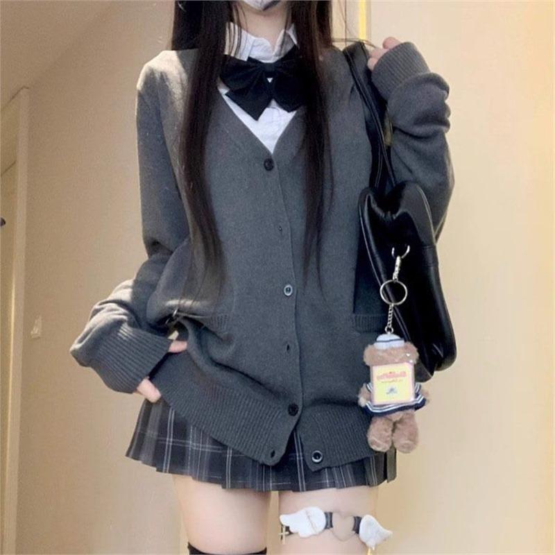 Women's Academy Style Dark Grey Long Sleeve Cardigan Sweater Coat - Autumn 2024 Collection
