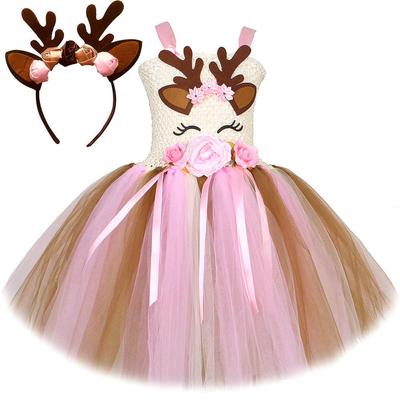 Girls' Floral Reindeer Tutu Dress - Christmas Deer Princess Costume