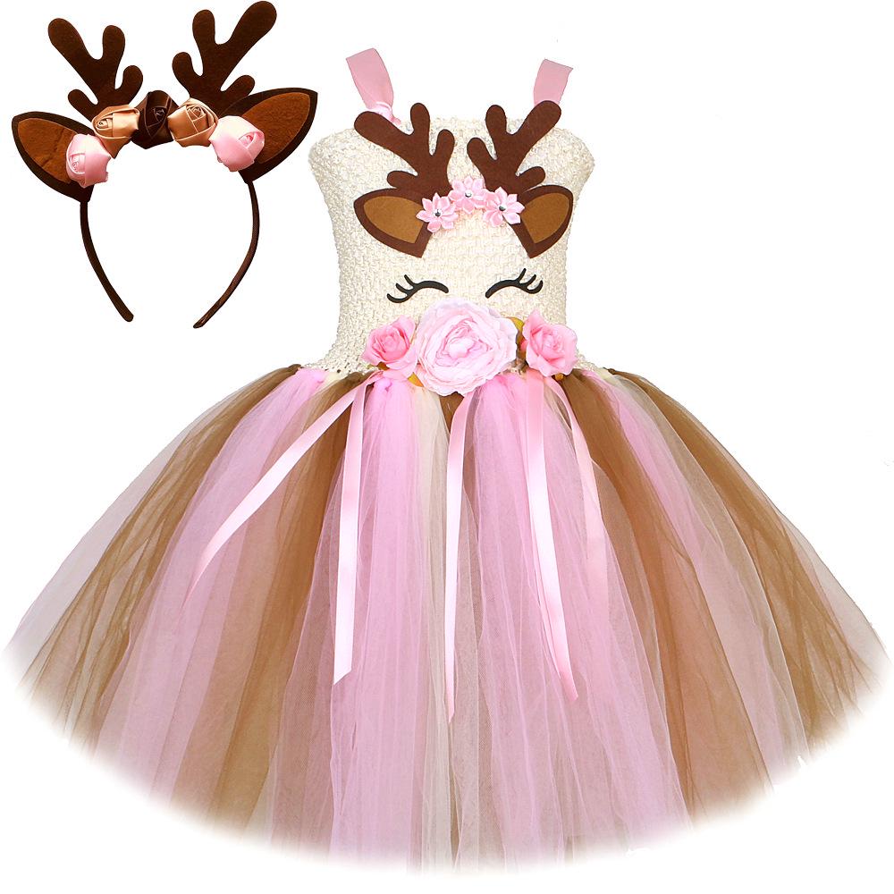 Girls Floral Reindeer Tutu Dress - Christmas Deer Princess Costume S