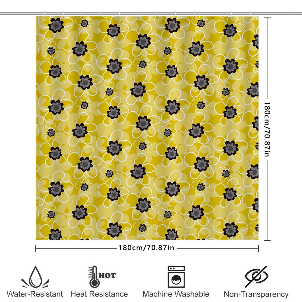 Bright Yellow Floral Print Shower Curtain Water-Resistant Fabric Decorative Bathroom Window Panel With Hooks Available In Variou