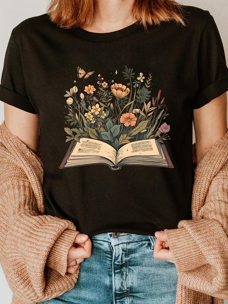 Book Lover Print Crew Neck Short Sleeve Casual Top for Summer Spring Womens Clothing Harajuku Sleeve Casual Aesthetic Clothes