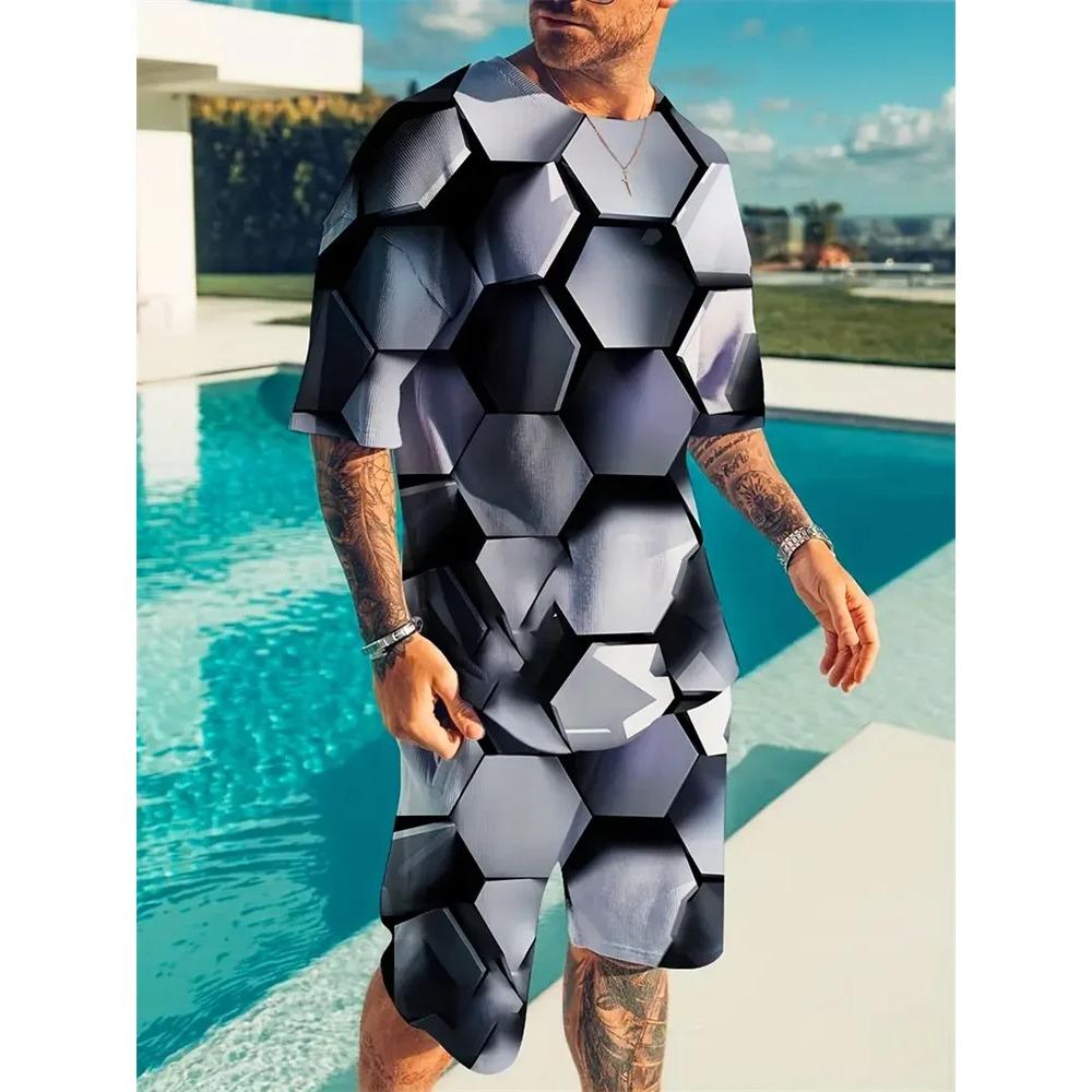 

Summer Casual Holiday Men s Oversized Colorful Geometry 3D Print T-Shirt Shorts Men s Fashionable Comfortable Breathable Sports Wear S