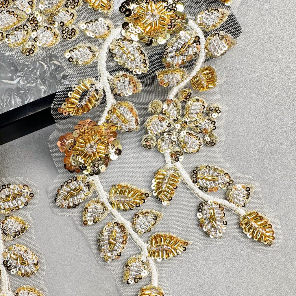Gold Sequined Beaded Cloth Sticker Mesh Yarn Hollow Embroidery Applique Clothing Dress Performance Clothes To Flower Cloth Sticker Accessories