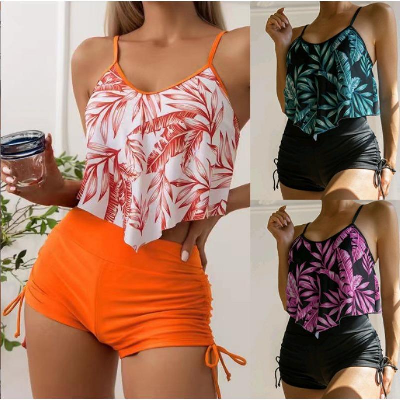 European and American New Swimsuit Printed Multi-color Big Lotus Leaf Corset Drawstring Boxers Bikini Swimsuit