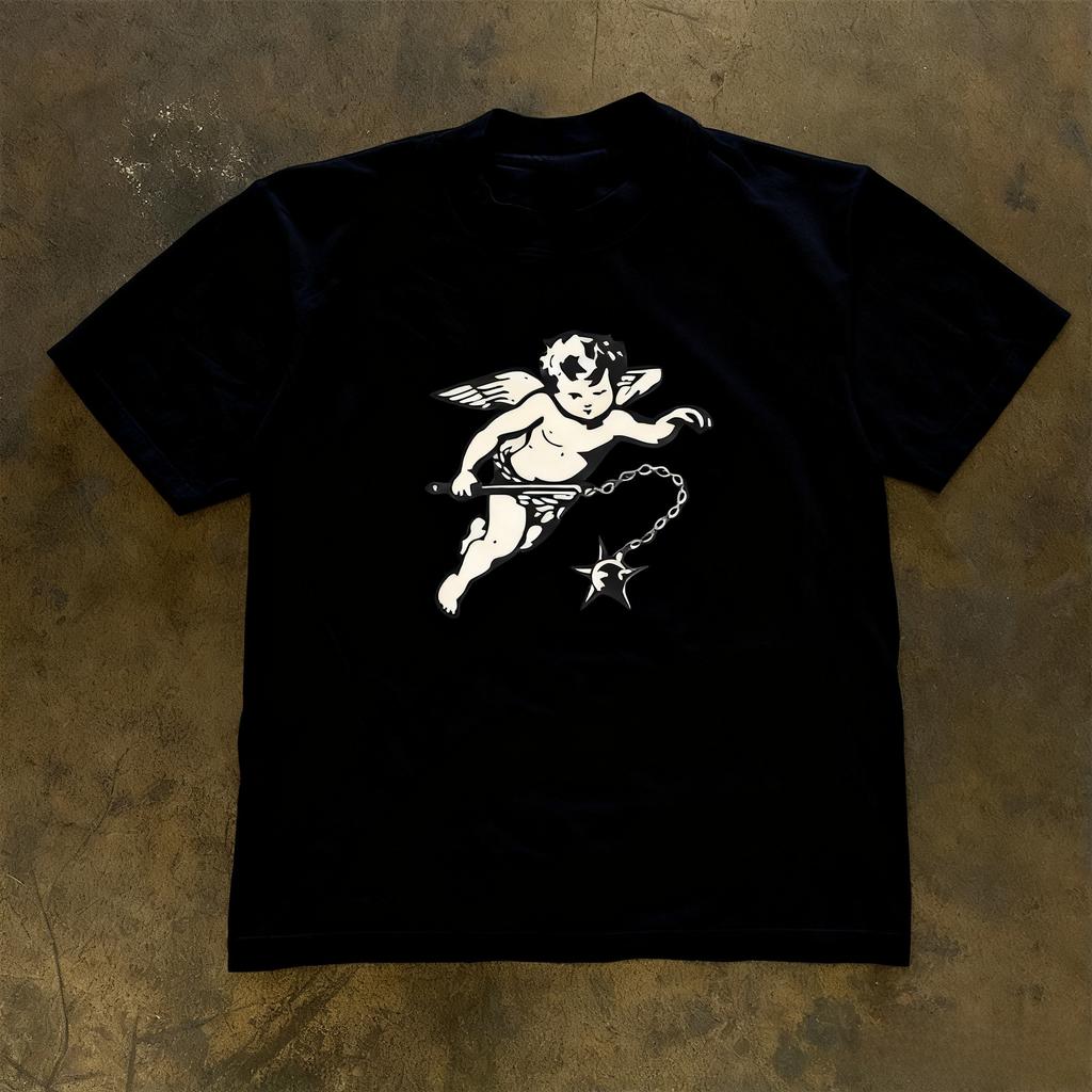 An Angel with A Hammer Graphic Print Autumn Pure Cotton Men's and Women's T-shirt Short Sleeve Street Fashion Trend Clothing
