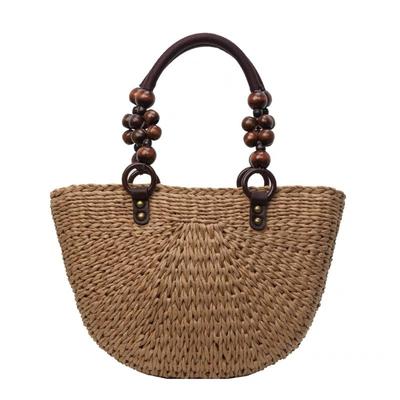 Wood Bead Hand-held Straw Bag Handmade Zipper Woven Bag Large Capacity Beach Tote Bag Women's Shoulder Vegetable Basket Bag