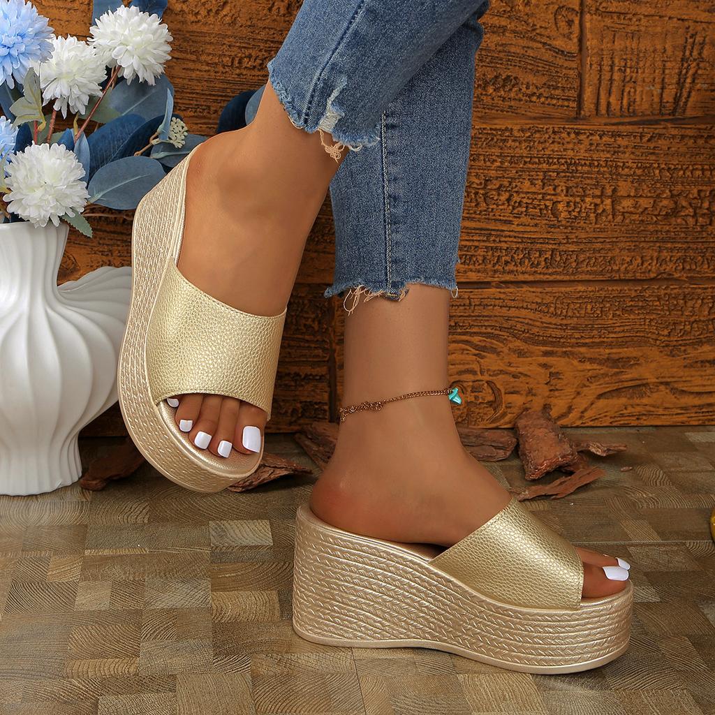 2025 lato nowe muffiny i sandały koturnowe gruba podeszwa odkryte palce lekkie proste casualowe duży rozmiar kapcie na wysokim obcasie kobiety