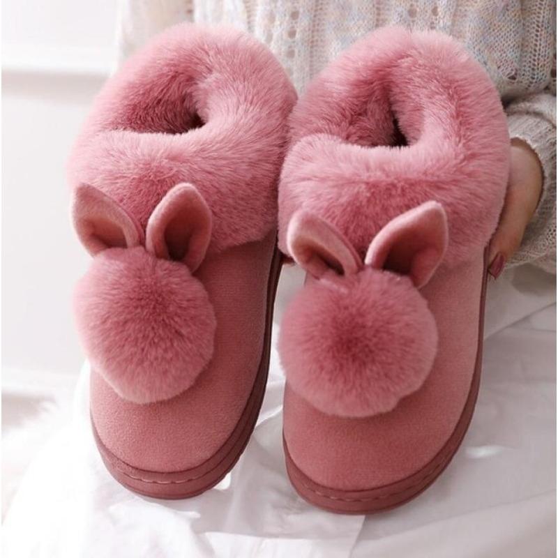 Autumn Winter Cotton Slippers Fur Rabbit Home Warm Thick Bottom Indoor Cotton Shoes Womens Slippers Cute Fluffy Cat Slippers