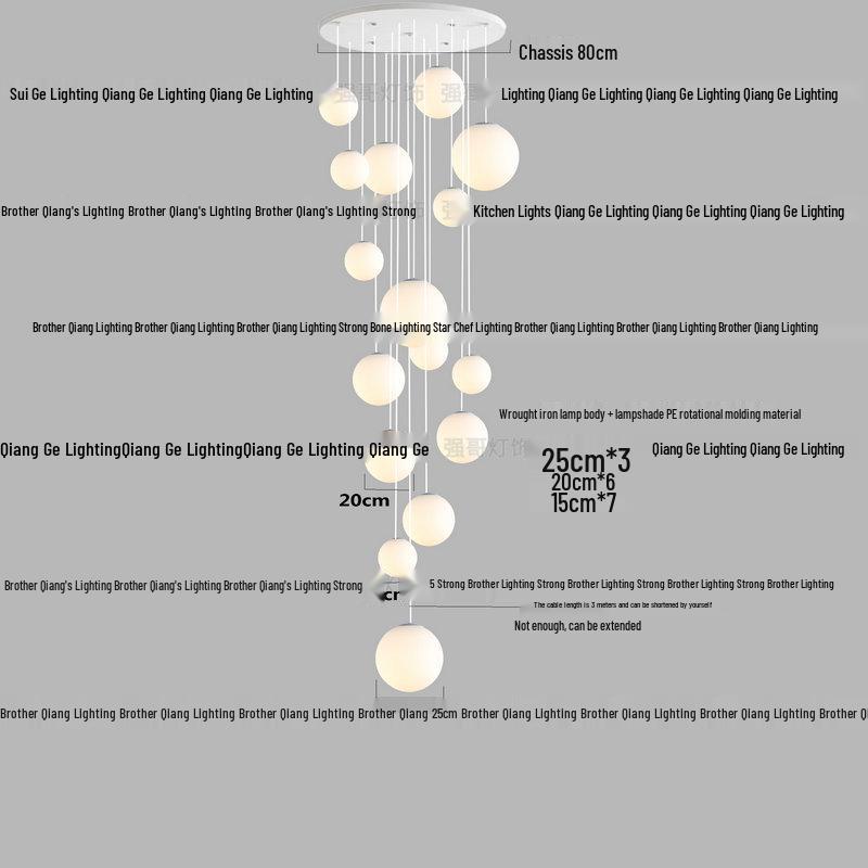 Minimalist Rotating Stair Chandelier: Irregular Long Duplex Pendant with Large Round Ball in Cream