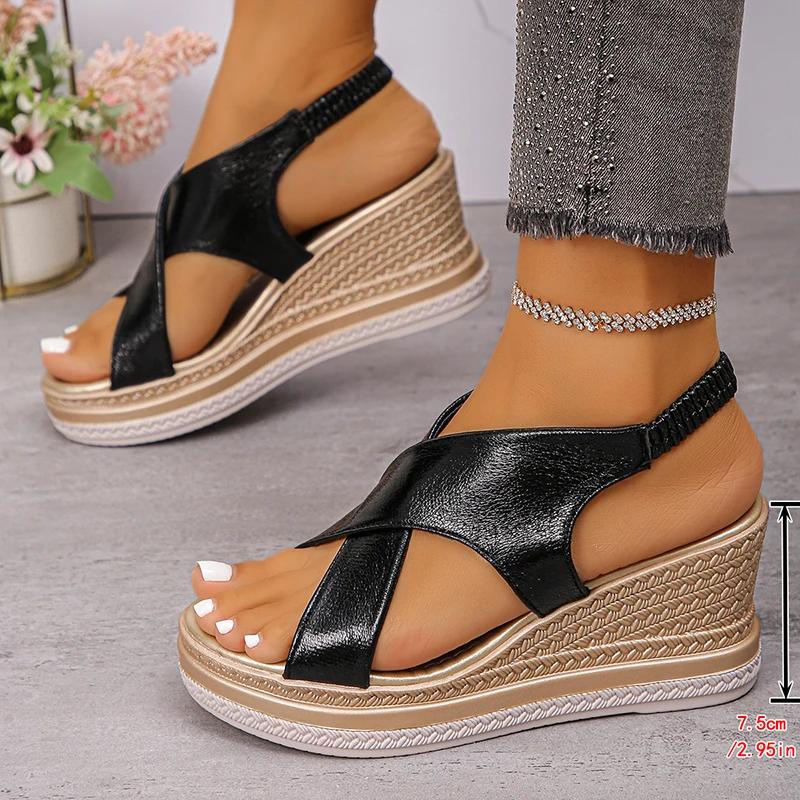 Fashion Gold Cross Strap Wedge Heels Sandals Women Summer 2025 Chunky Platform Light Weight Sandles Woman Plus Size Rome Sandalias Mujer