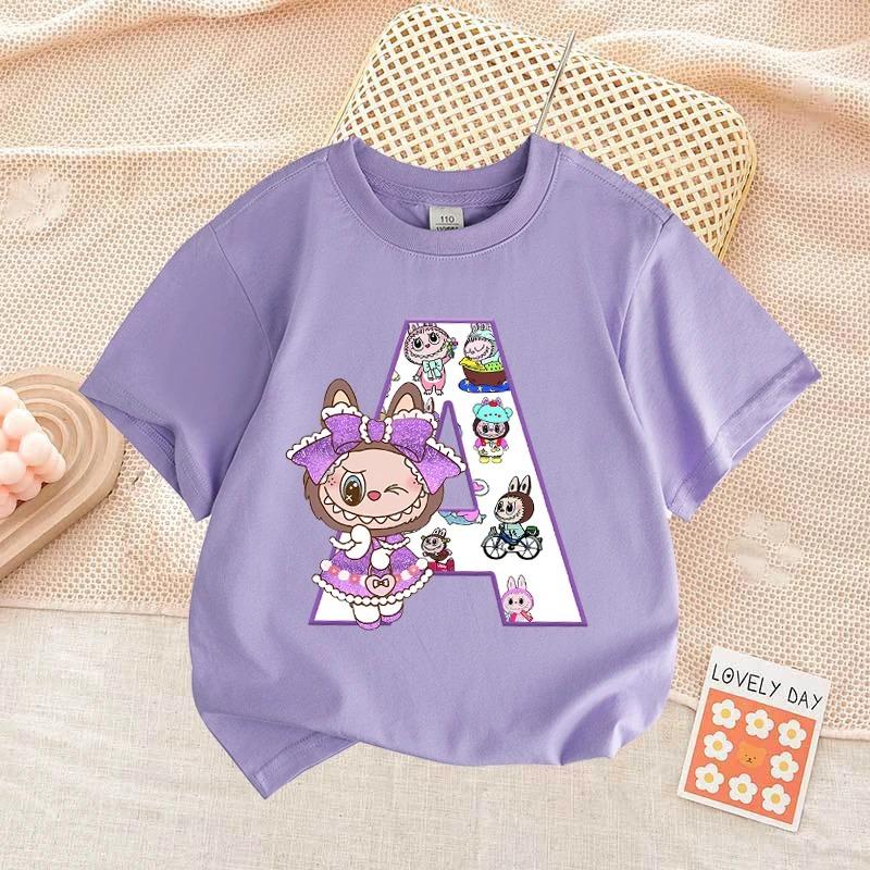 Cartoon Monster Elf Labubu Kids Adult Letter Printed T-shirt Summer Casual Women's Tees Top Girl and Boy Short Sleeve Clothing