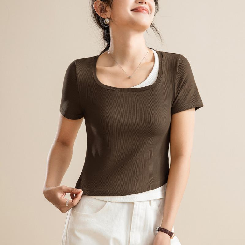 Trendy Womens Basic T-Shirts Round Necked Short Sleeve Summer Tops Slim Fit Tees Y2k Clothing Patchwork Classic-Fit Ribbed Knit Going Out Crop Tops