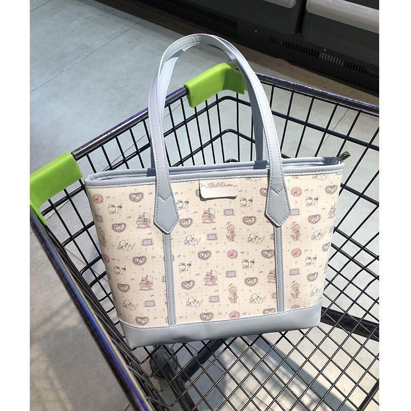 

2026 Harajuku Aesthetic Retro Pink Print Tote Bag Women Large Capacity Versatile Shoulder Bag & Wallet cute-themed bag синий