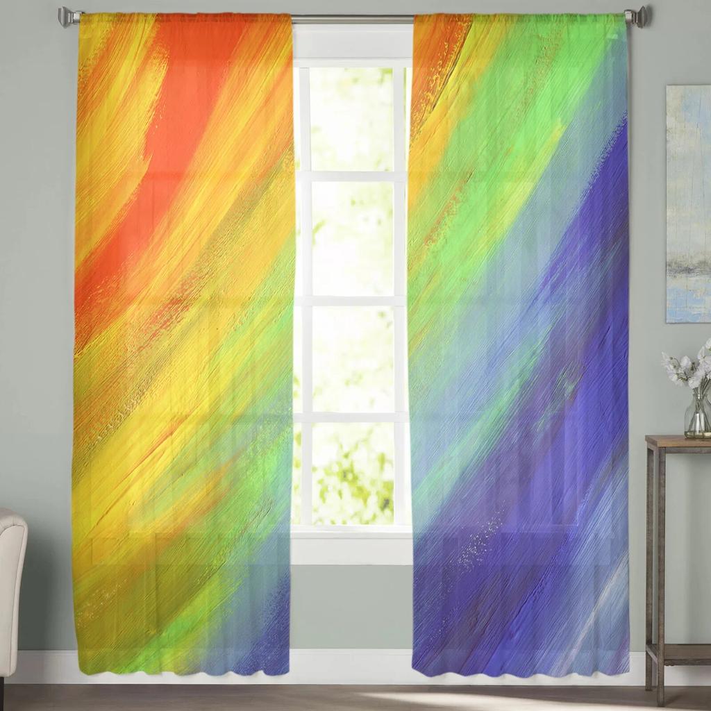Gradient Watercolor Oil Painting Window Tulle Curtains for Living Room Bedroom Hotel Luxury Decoration Sheer