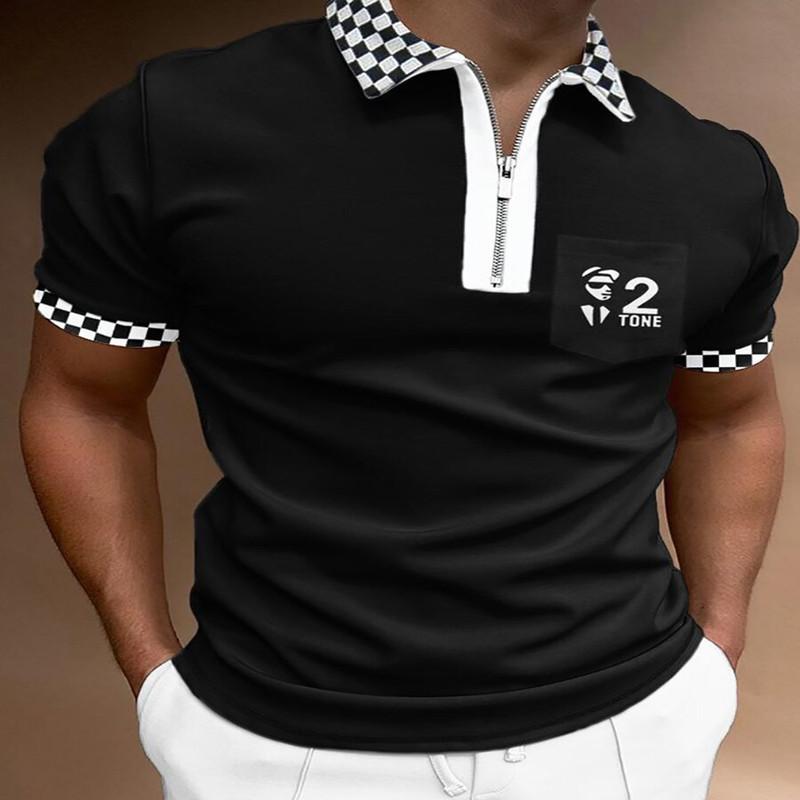 Stylish polka dot short-sleeve polo shirt with half-zip, casual and versatile.