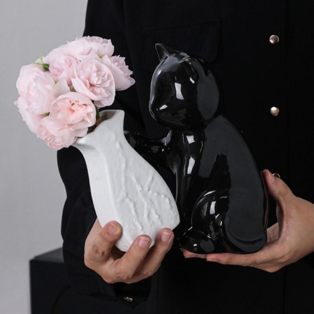 Cat Statue Kitten with Tilted Flower Vase Ceramic Flower Holder Decorative Vase  Flower Arrangement