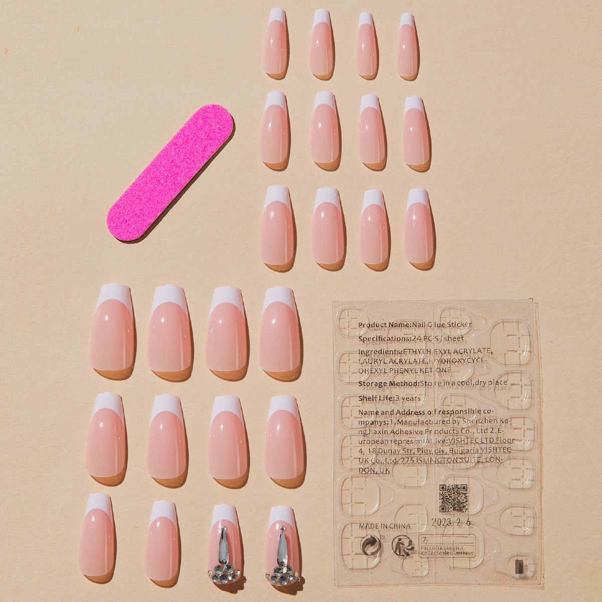 

White French Edge Press-On Nails with Rhinestones - Fake Nail Art Patches