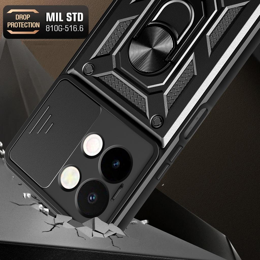 For vivo Y28 4G Case with Slide Camera Lid PC+TPU Kickstand Phone Cover