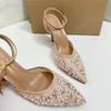 Luxury Pearls Sequined Mesh Women Pumps Sexy Ankle Strap Pointed Toe  Wedding Evening Party High Heels Shoes for Ladies