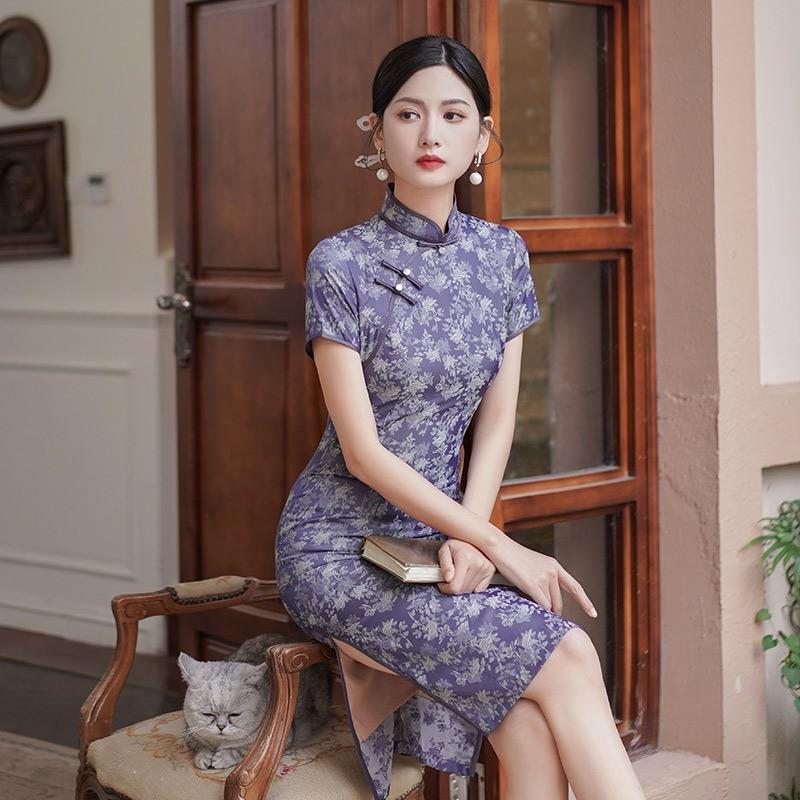 Womens Purple Brocade Qipao Dress Mid-Length Short Sleeve Retro Chinese Style Modern