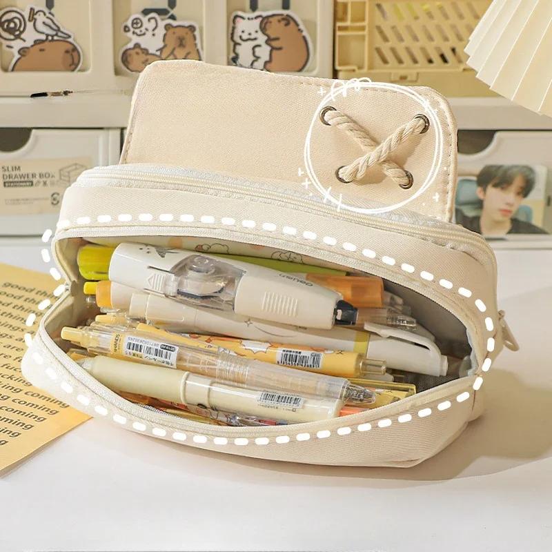 Button Cotton Rope Pencil Case Large Capacity Kids Storage Bag Student Stationery Box Girl Storage Pencil Case