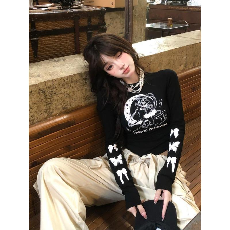 Bow Sleeves Irregular Pure Sweet and Spicy T-shirt Women's Early Autumn New White Long-sleeved Skin-tight Slimming Bottom Top