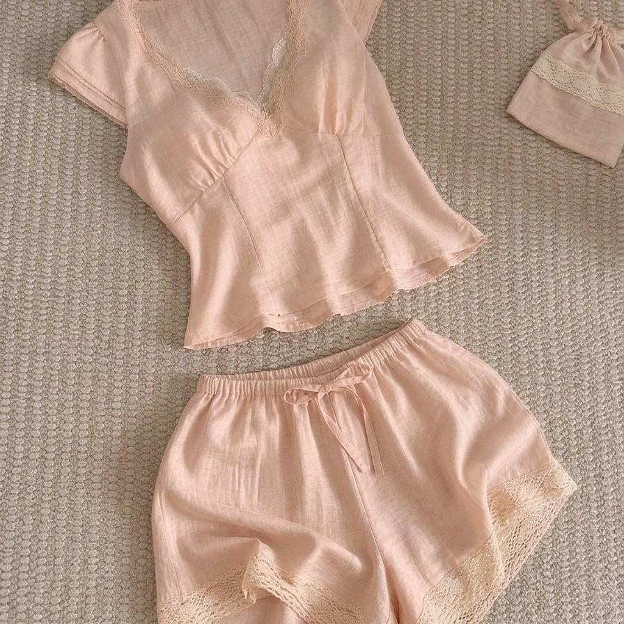 Simple lace lace with chest pad short-sleeved pajamas women's summer comfortable and skin-friendly shorts loungewear set can go out